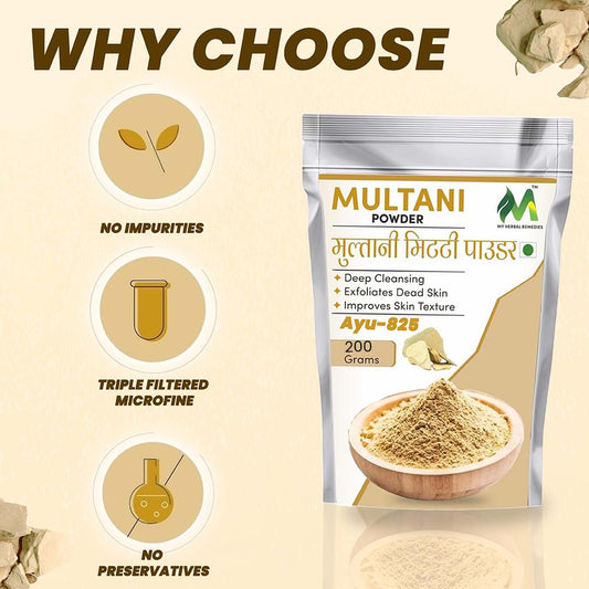 My Herbal Remedies Multani Mitti Powder | Finely Ground & Versatile | Ideal for Skin Care and Face Packs | Naturally Sourced Ingredient for Daily Use - 200Gm (Pack of 1)