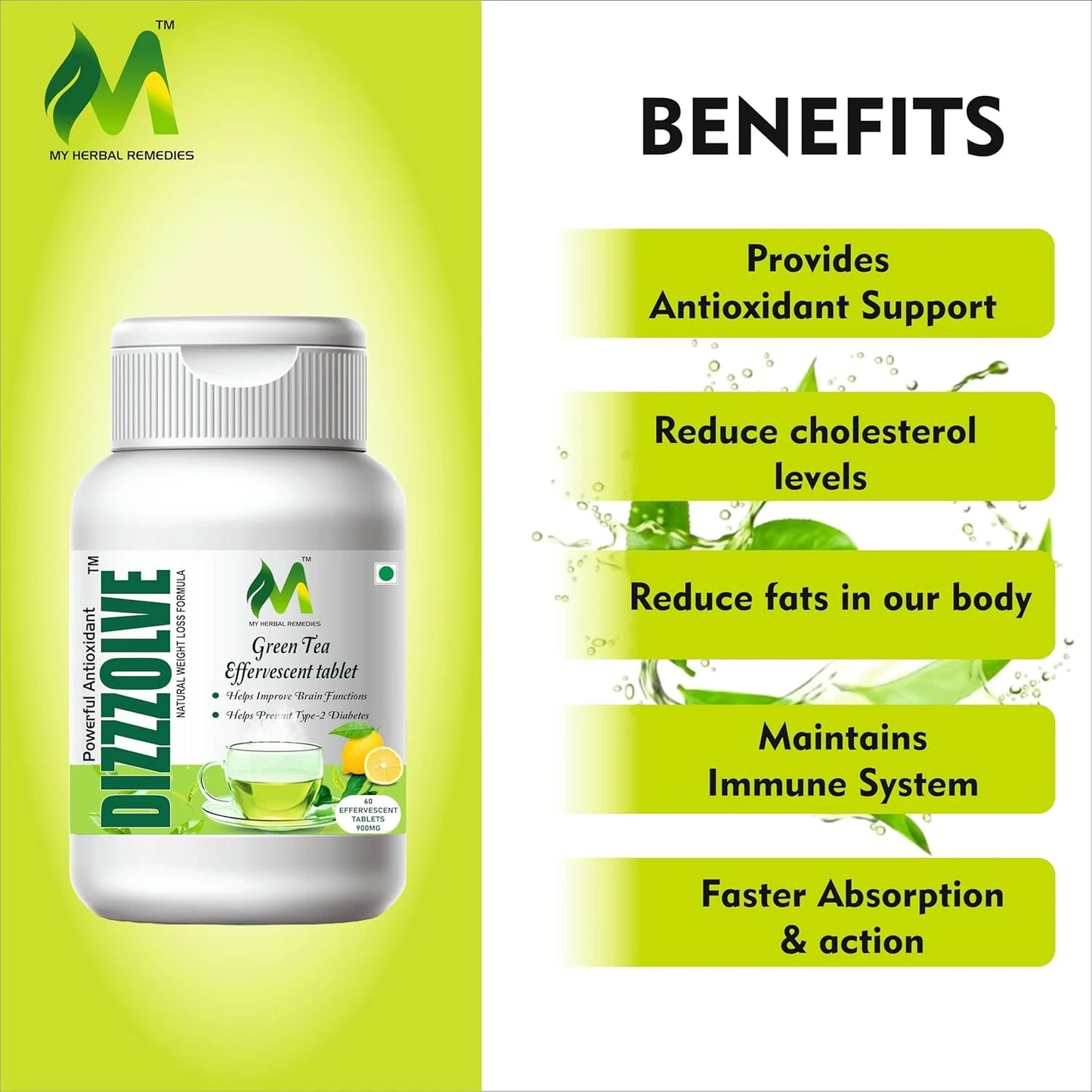 Green Tea Effervescent Tablets 1000 mg 60 Tablets Lemon Flavor