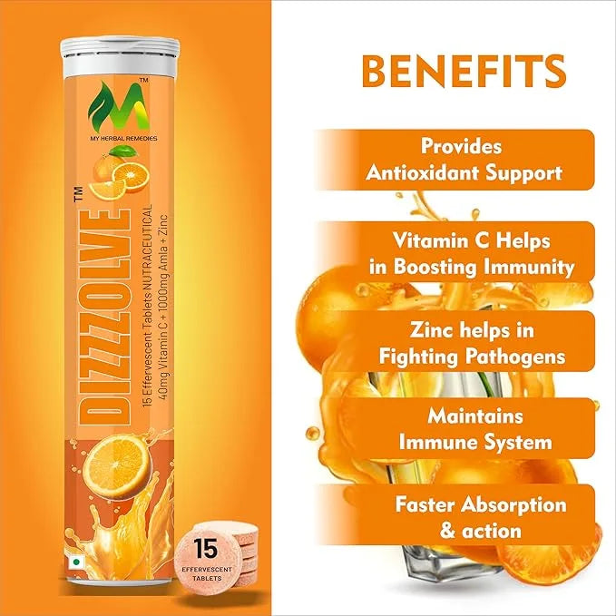 Vitamin C + Zinc, 15 Effervescent Tablets (15 x 4) Orange Flavour 1000mg