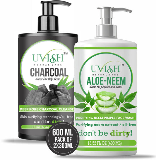 Charcoal and Aloe Neem Combo Pack For Daily Skin Care Face Wash (600 ml) My herbal Remedies 