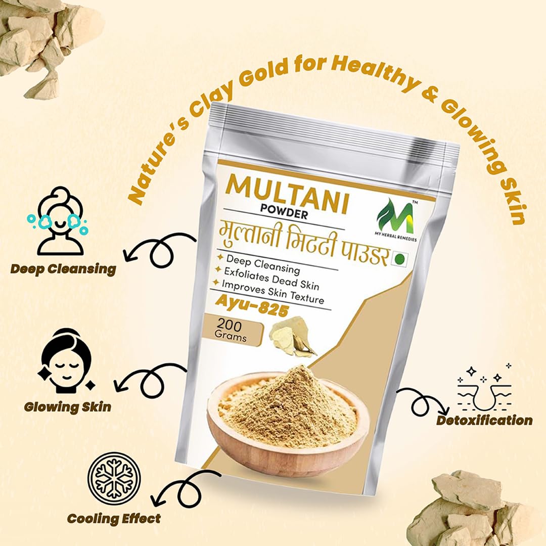 My Herbal Remedies Multani Mitti Powder | Finely Ground & Versatile | Ideal for Skin Care and Face Packs | Naturally Sourced Ingredient for Daily Use - 200Gm (Pack of 1)