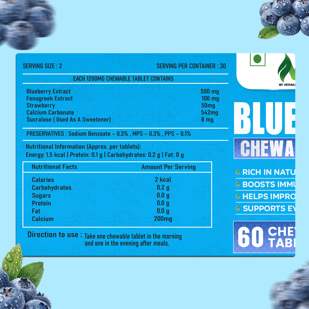 My Herbal Remedies Blueberry Chewable Tablets | 500mg Antioxidant Supplement | Boosts Immunity, Eye Health & Skin Glow | 60 Tablets
